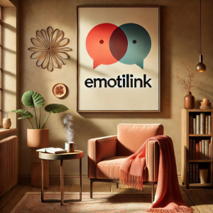 Framed Emotilink logo in a warm, modern therapy room setting